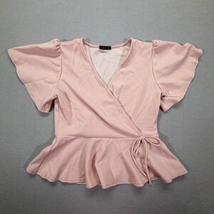 BLVD Women Top Regular Pink Wrap Peplum Flutter Sleeve Large